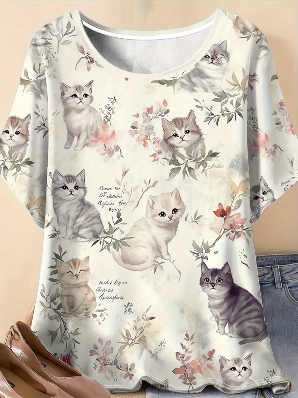 Watercolor Kitten Print Cottagecore Top XXL Apricot Cat Shirt